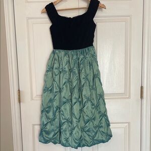 Dimples Velvet Bodice Tea Dress with green Pintuck Skirt & Brown wedding
